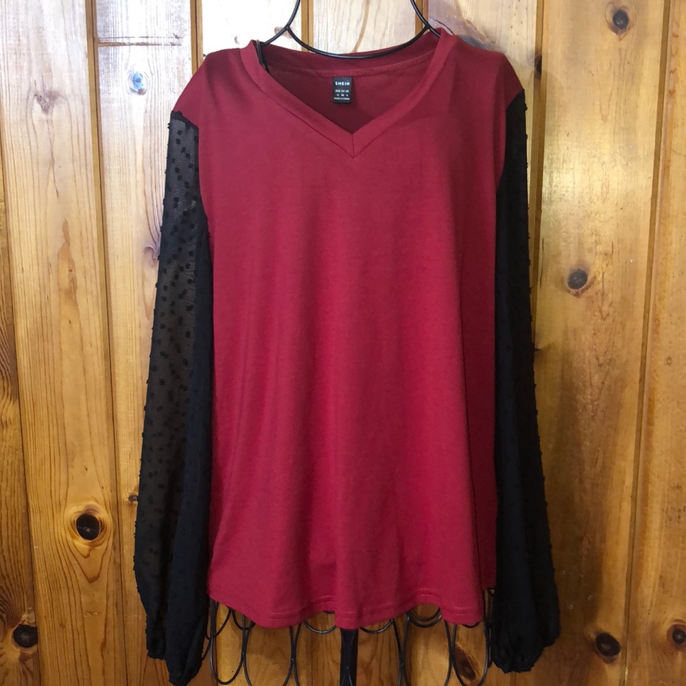 SHEIN dress shirt maroon/red sheer sleeves size medium long sleeve top clothing